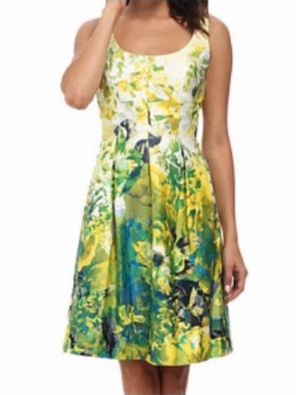 Nine West Yellow Green Floral Scoop-Neck Midi Dress